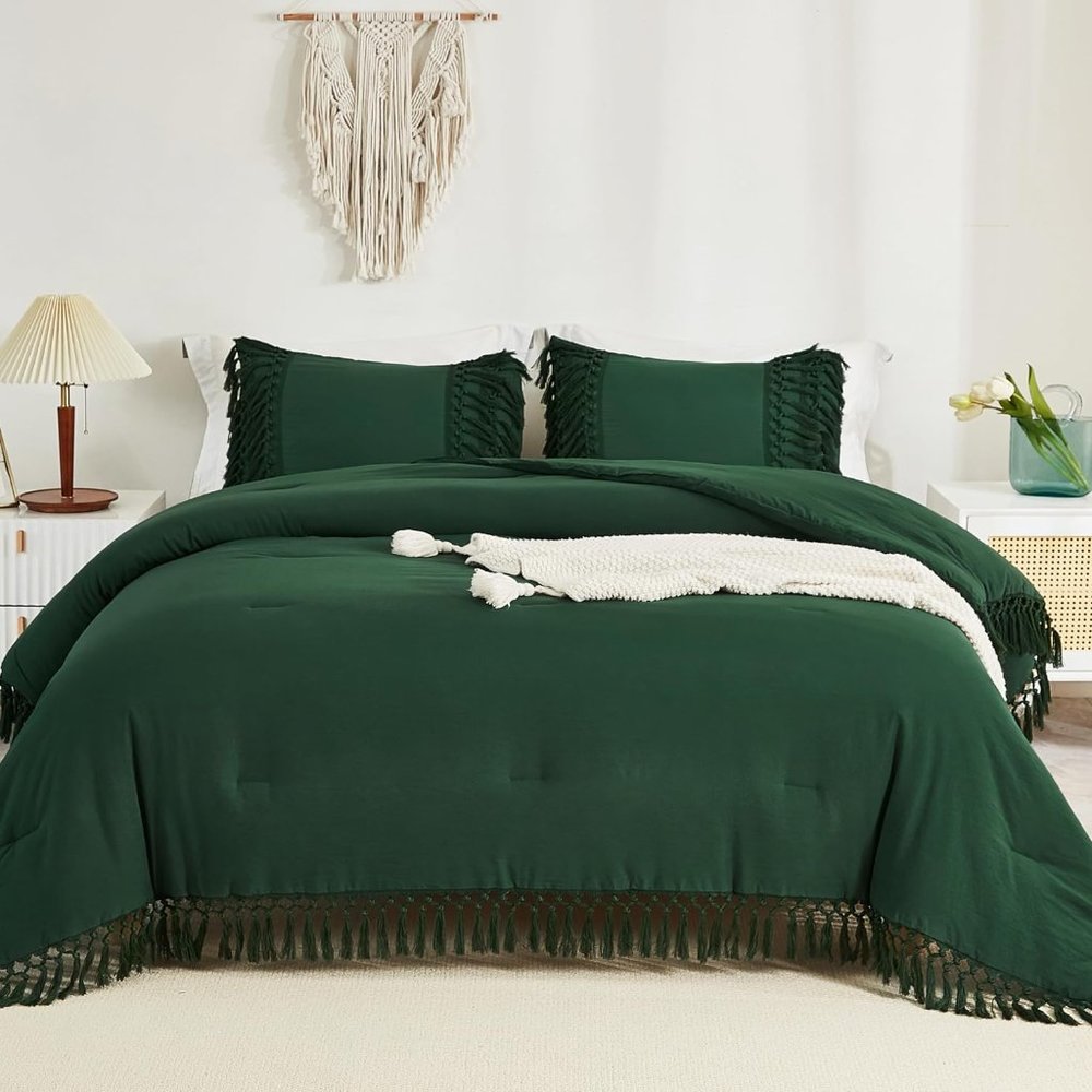Dark Forest Green Tassels California King Size Bed Comforter Shams Bedding Set